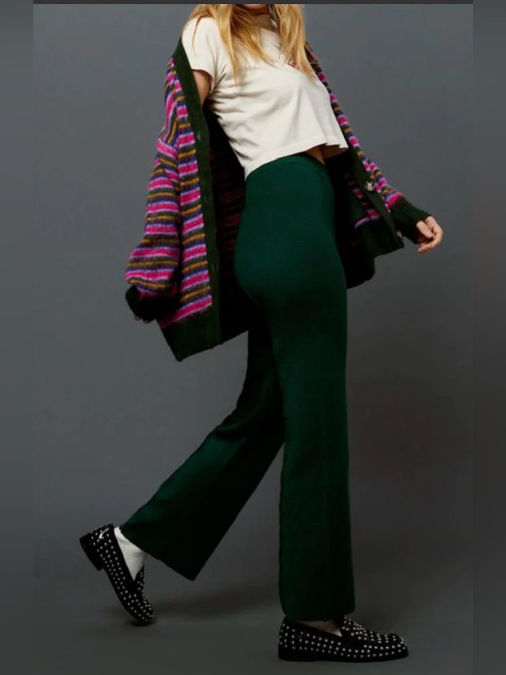 Daydreamer flare knit pintuck pants in dark green color. New - Picture 3 of 6